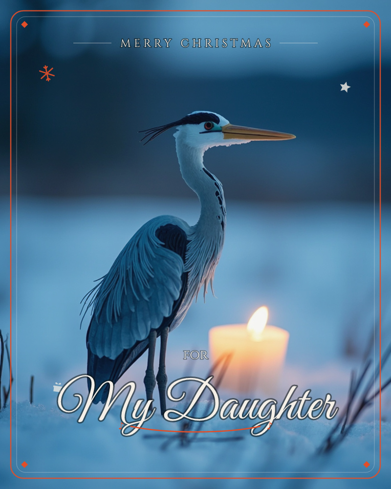 A grey heron stands poised on a snow-covered bank at dusk, its long neck curved and sharp beak catching the last light, a christmas e-card design