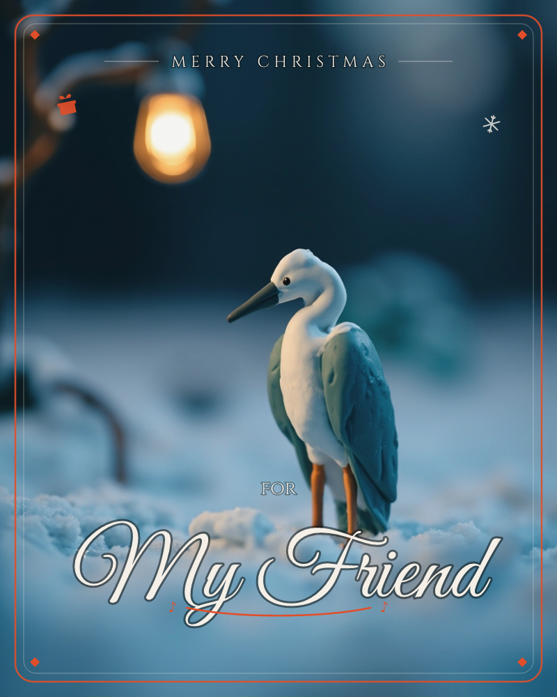 A white and blue-grey heron stands alone on snow-covered ground in the deep blue light of dusk, its orange legs bright against the cold, a christmas e-card design