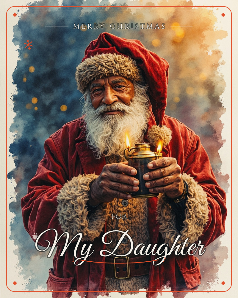 A weathered Santa in a deep red, fur-trimmed coat and hood cradles a small brass lantern with a flickering candle flame between his hands, a christmas e-card design
