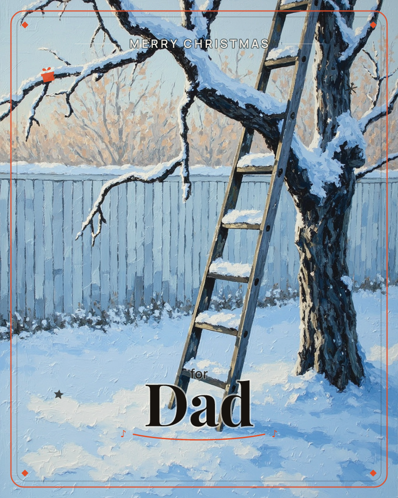 A wooden ladder leans against a snow-dusted tree in a quiet backyard, its rungs capped with fresh snow, a christmas e-card design