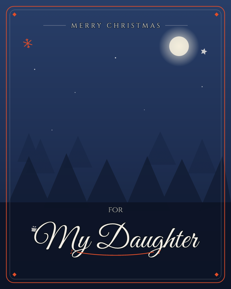 A quiet night scene shows a dark pine forest silhouetted against a deep navy sky, with a glowing full moon hanging in the upper right corner, a christmas e-card design by @DittyCityTeam