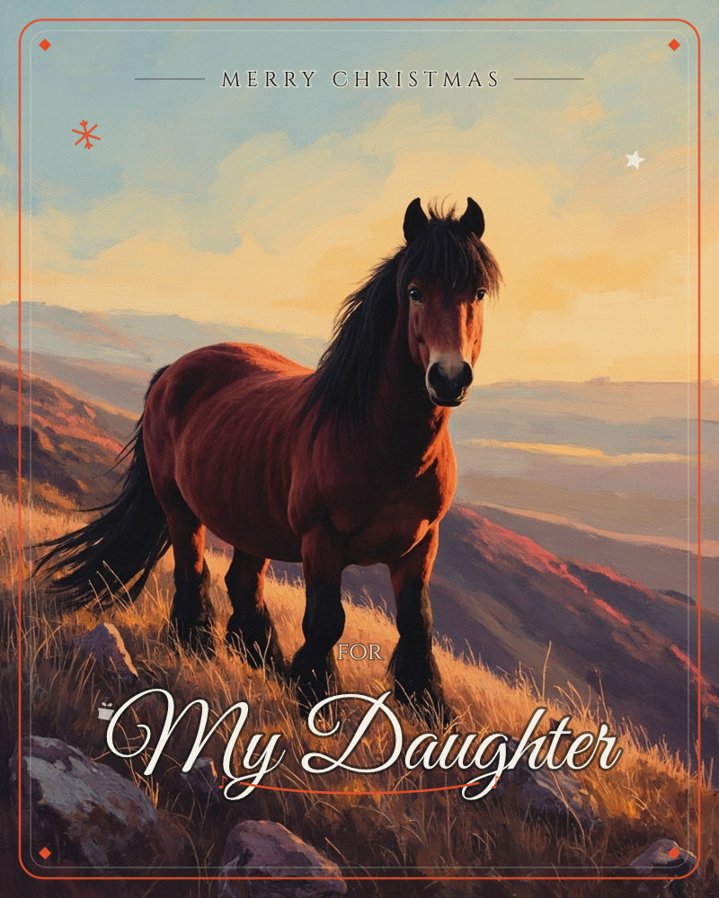 A sturdy brown pony stands on a windswept hillside, its dark mane tousled as it gazes straight ahead, a christmas e-card design
