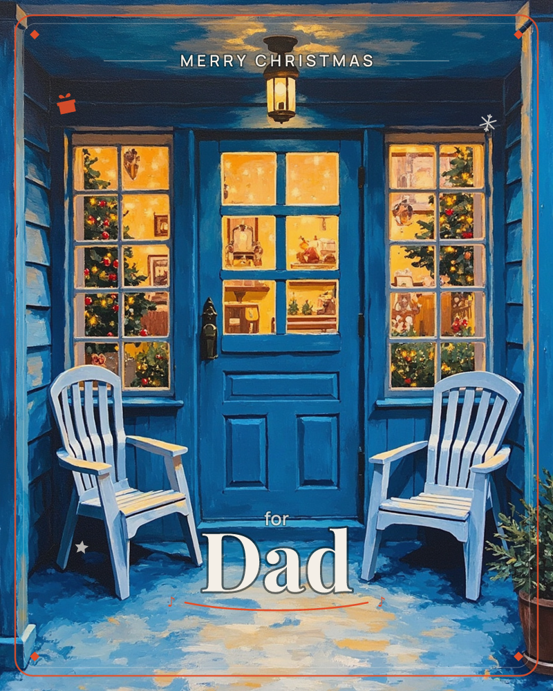 A blue front porch at night, framed by two paned windows glowing gold with a decorated Christmas tree inside, a christmas e-card design