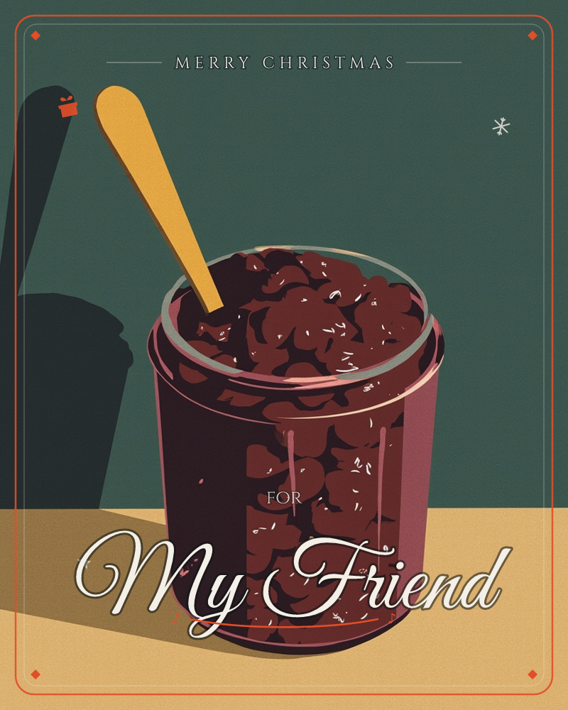 A glass jar sits on a mustard-yellow tabletop against a deep forest-green wall, packed full of dark red-brown berries with a wooden spoon standing…, a christmas e-card design