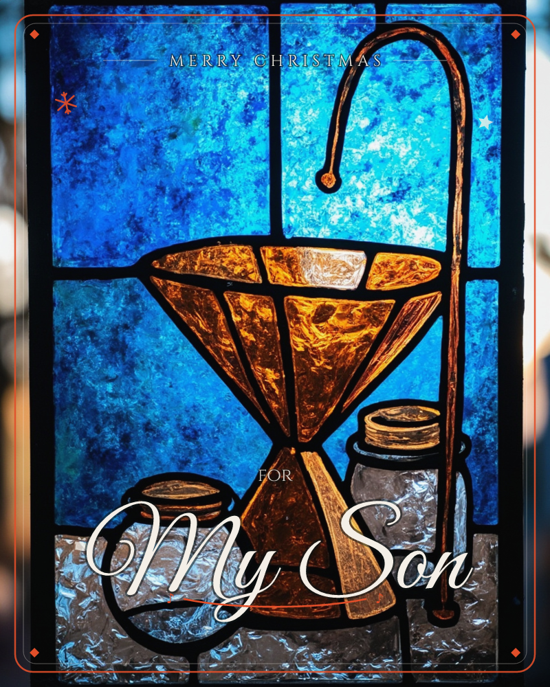 A stained-glass panel glows with a pour-over coffee dripper and jars rendered in amber and honey-gold glass, set against a textured deep-blue…, a christmas e-card design
