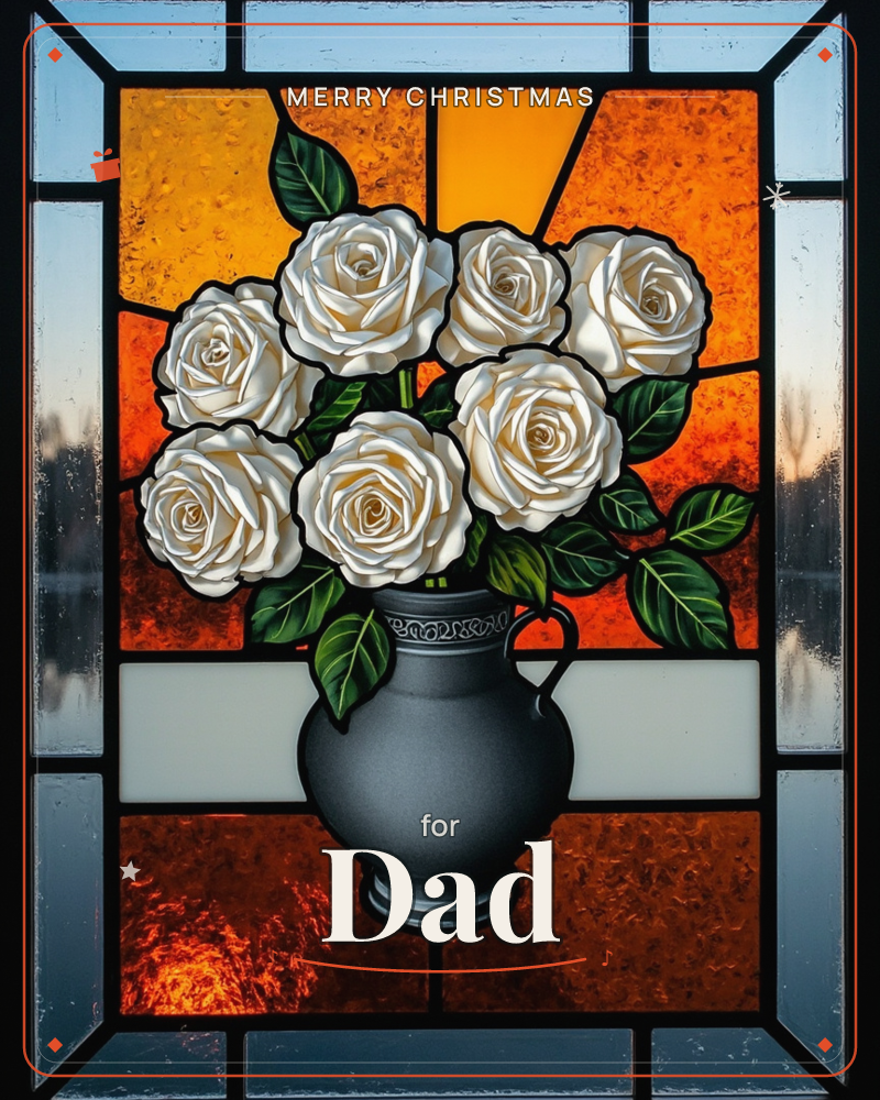 A stained-glass window panel shows a dark grey pitcher-vase filled with cream white roses and deep green leaves, set against panes of glowing amber…, a christmas e-card design
