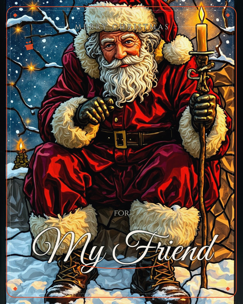 A weathered figure in a fur-trimmed red coat sits on a stone ledge beneath bare, snow-dusted branches strung with glowing lights, holding a tall candle…, a christmas e-card design
