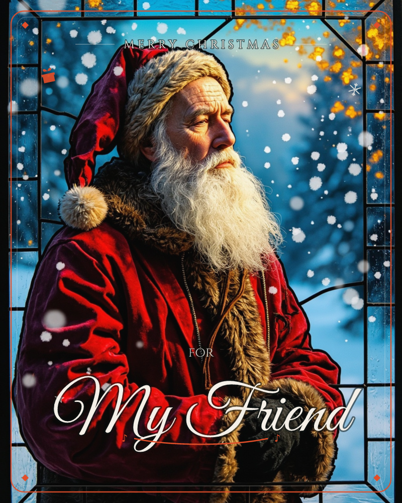 A stained-glass style panel shows Santa Claus in profile, his long white beard and fur-trimmed red coat rendered in rich jewel tones against a snowy…, a christmas e-card design