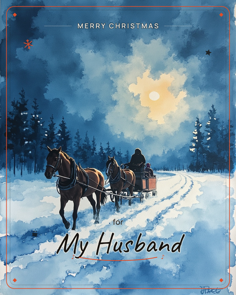 A pair of horses pulls a sleigh down a snow-rutted track through dark pine woods, a hooded figure driving as a pale moon breaks through heavy blue…, a christmas e-card design