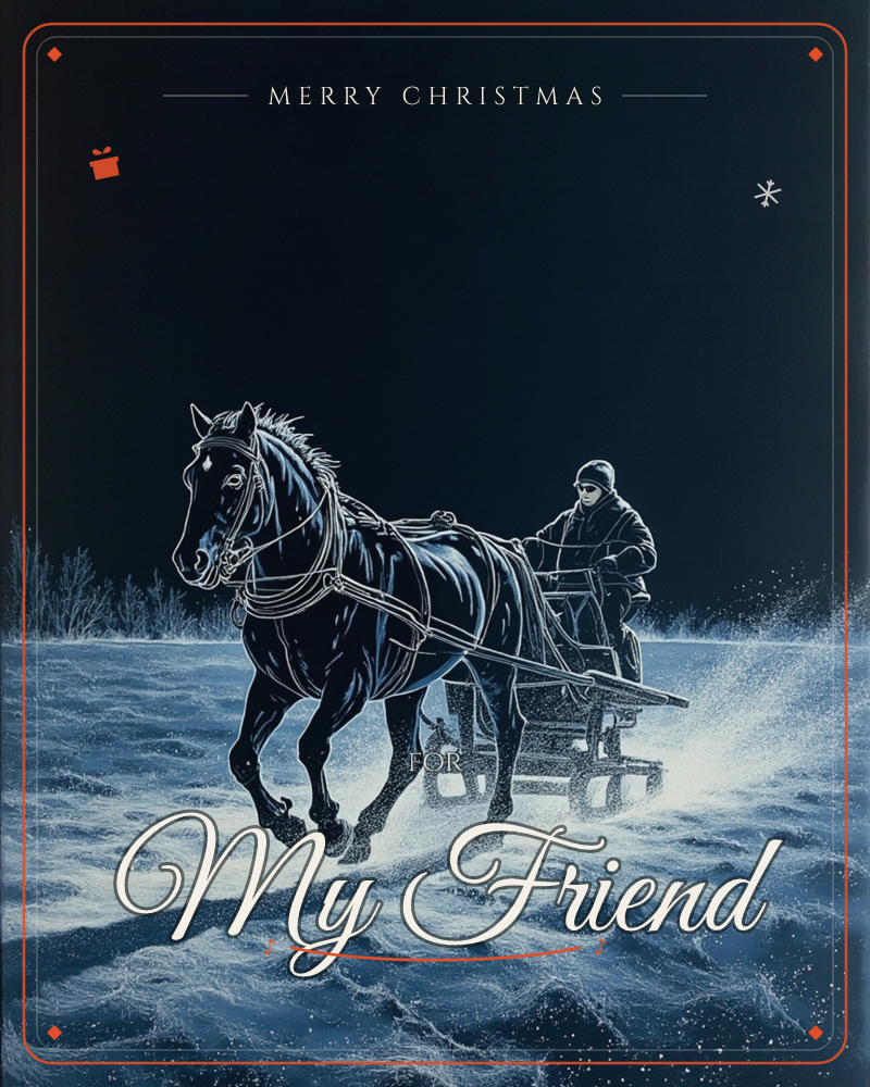 A horse gallops through deep snow under a near-black night sky, pulling a wooden sleigh with a driver bundled in a coat and hat, a christmas e-card design