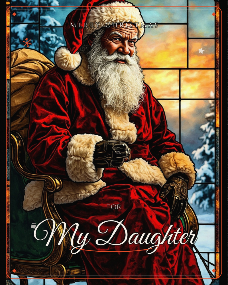 Santa Claus sits in a carved wooden chair in his rich red velvet coat trimmed with cream fur, his long white beard catching the glow of a sunset lit…, a christmas e-card design