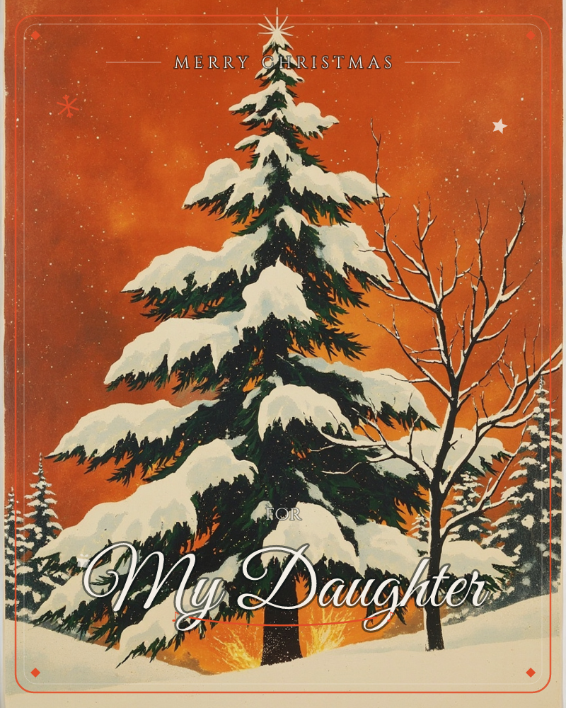 A snow-laden fir tree stands center stage against a glowing burnt-orange sky, its topmost point crowned with a bright starburst, a christmas e-card design