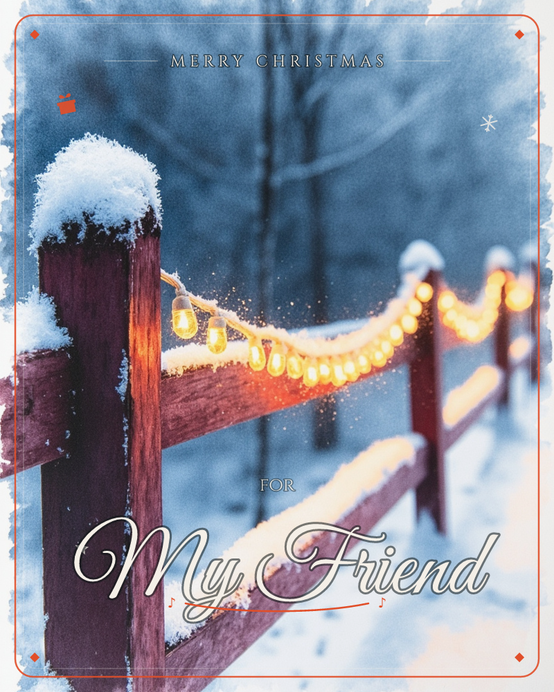 A wooden split-rail fence runs into a snowy, twilight-blue woodland, its posts capped with soft snow, a christmas e-card design