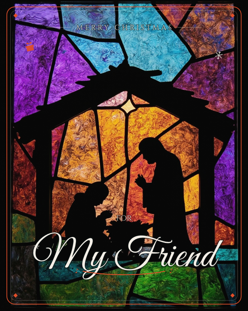 A stained-glass style window shows two silhouetted figures kneeling beside a manger inside a simple wooden stable, a small star glowing above them, a christmas e-card design