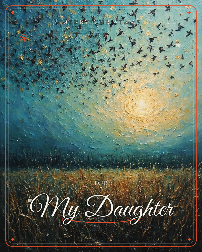 A vast flock of small dark birds swirls across a glowing teal sky as the sun rises low on the horizon, its light rippling outward over a field of tall…, a christmas e-card design
