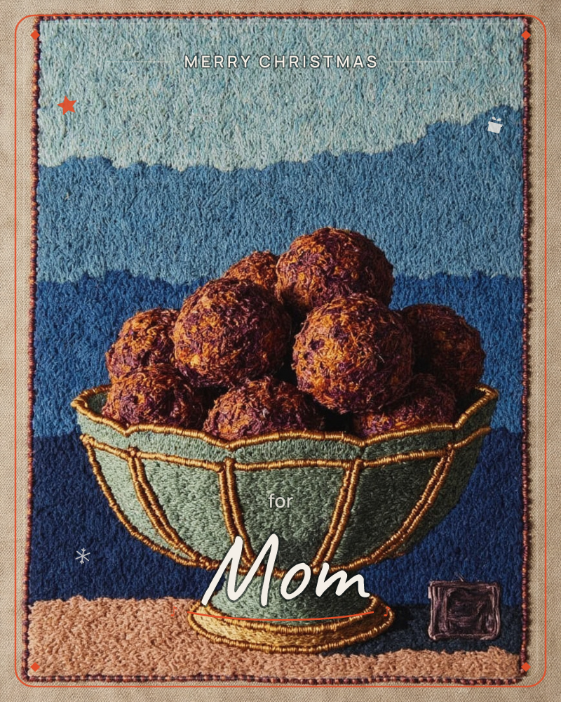 A textured embroidered still life shows a scalloped green urn edged in gold thread, piled high with rough, russet-brown spheres like baked dumplings or…, a christmas e-card design