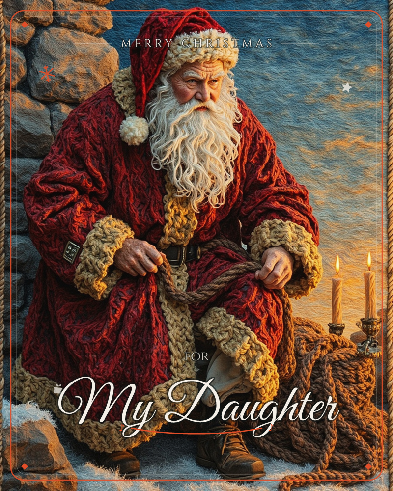 A textured, tapestry-like illustration shows Santa kneeling beside a stone wall at dusk, his red velvet coat trimmed with thick golden fringe as he…, a christmas e-card design