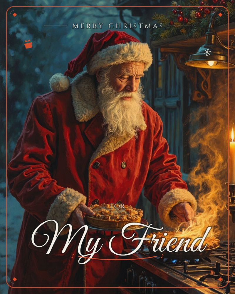 A white-bearded man in a red fur-trimmed coat and cap stands at a rustic stove, tending two pies, one of them flaring up in flame, a christmas e-card design