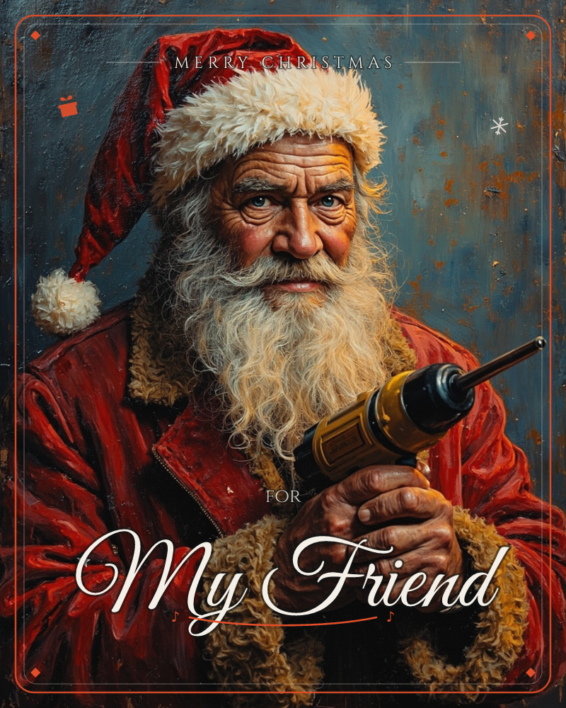 A weathered, close-up portrait of Santa in his red fur-trimmed coat and cap, his lined face and thick white beard rendered in heavy, textured brushstrokes, a christmas e-card design