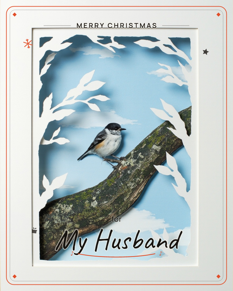 A small black-capped bird perches on a lichen-covered branch, framed by a layered paper-cut border of white leaves against a pale blue sky, a christmas e-card design