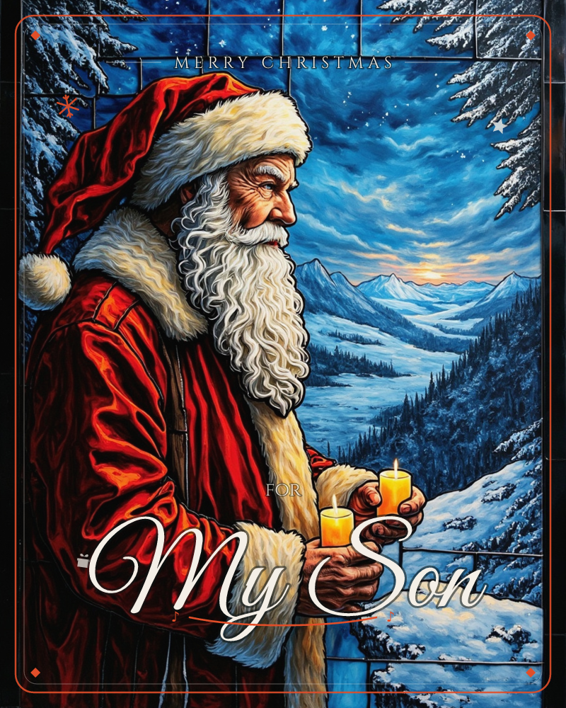 A stained-glass style painting shows Santa in profile, his red coat and thick white beard rendered in bold outlined panels, holding two lit candles in…, a christmas e-card design