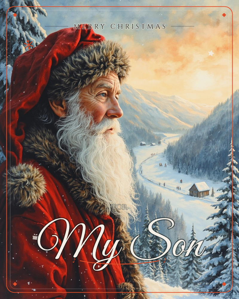 Santa is shown in close profile, his fur-trimmed red hood dusted with snow, gazing out over a mountain valley at sunset, a christmas e-card design