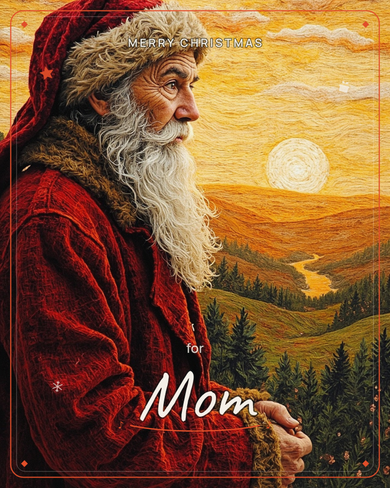 Santa stands in profile against a golden, textured landscape, his weathered face and long white beard rendered in thick embroidered-looking strokes, a christmas e-card design