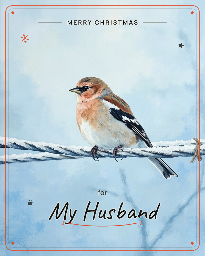 A chaffinch with a peach-toned breast and black-and-white barred wings perches on a frost-dusted wire against a pale winter sky, a christmas e-card design
