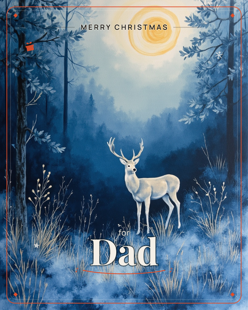 A pale stag with full antlers stands alert in a deep-blue midnight forest, lit by a swirling golden moon overhead, a christmas e-card design