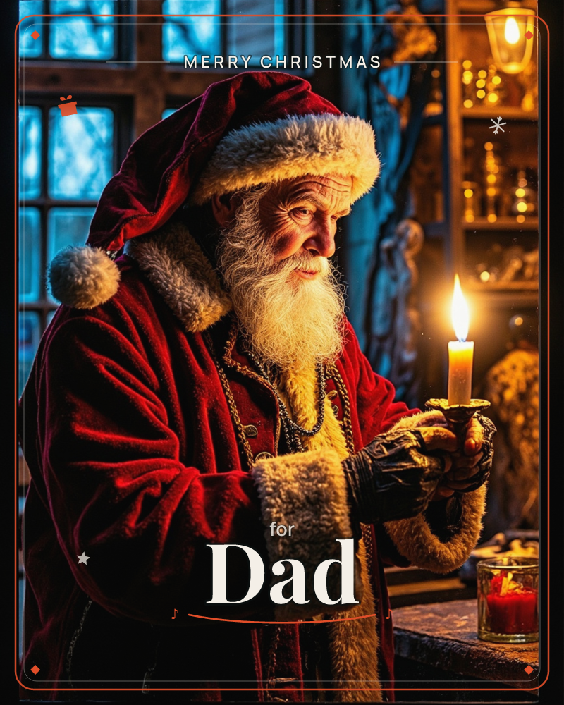 An old man in a velvet red coat and fur-trimmed cap stands by a frosted window, cradling a lit candle in his gloved hands, a christmas e-card design