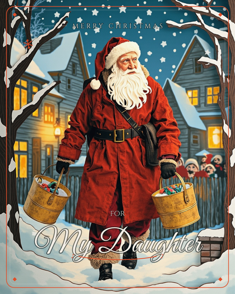 Santa strides down a snowy village lane at night, carrying two golden buckets loaded with wrapped gifts, his long white beard and red velvet coat lit…, a christmas e-card design