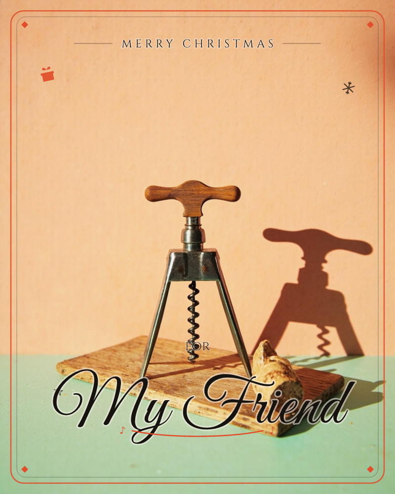 A vintage metal corkscrew with a wooden T-handle stands on a small wooden board, casting a long dramatic shadow across a warm peach-toned wall, a christmas e-card design