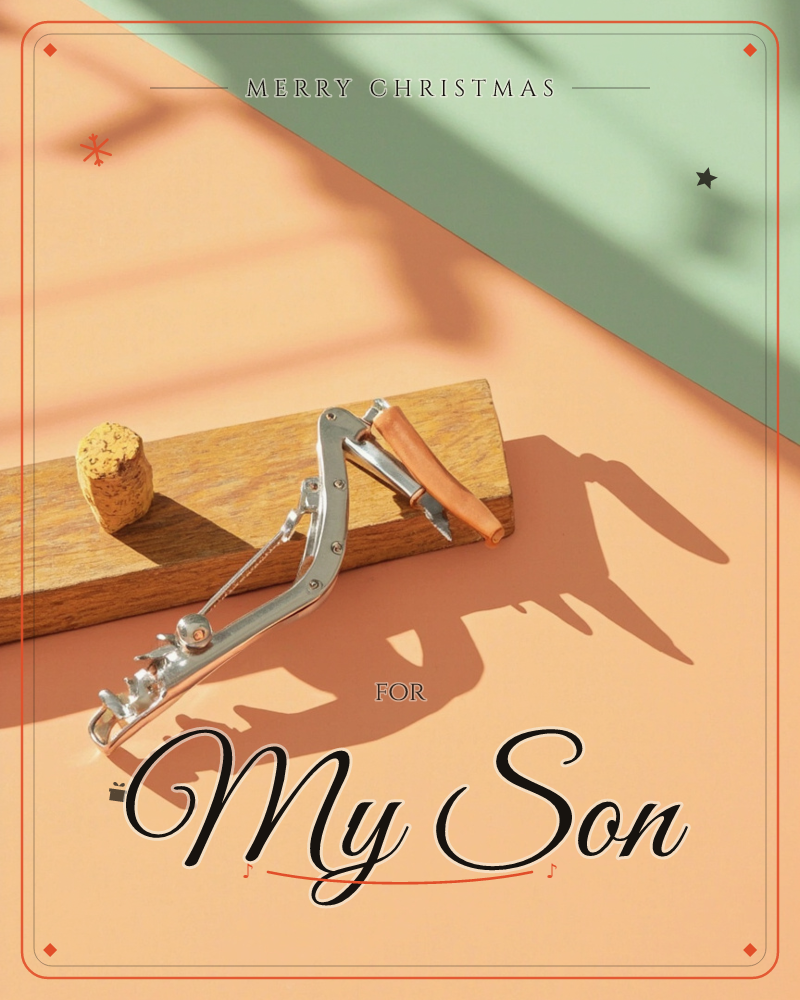 A metal wing corkscrew with a wooden handle rests on a narrow wooden board next to a used cork, photographed on a peach-toned surface under sharp…, a christmas e-card design