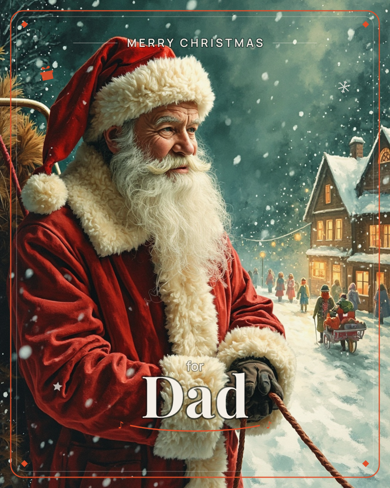 A weathered Santa in a red fur-trimmed coat pulls a rope through falling snow, his sack of trees slung behind him, while a warmly lit cottage and a…, a christmas e-card design