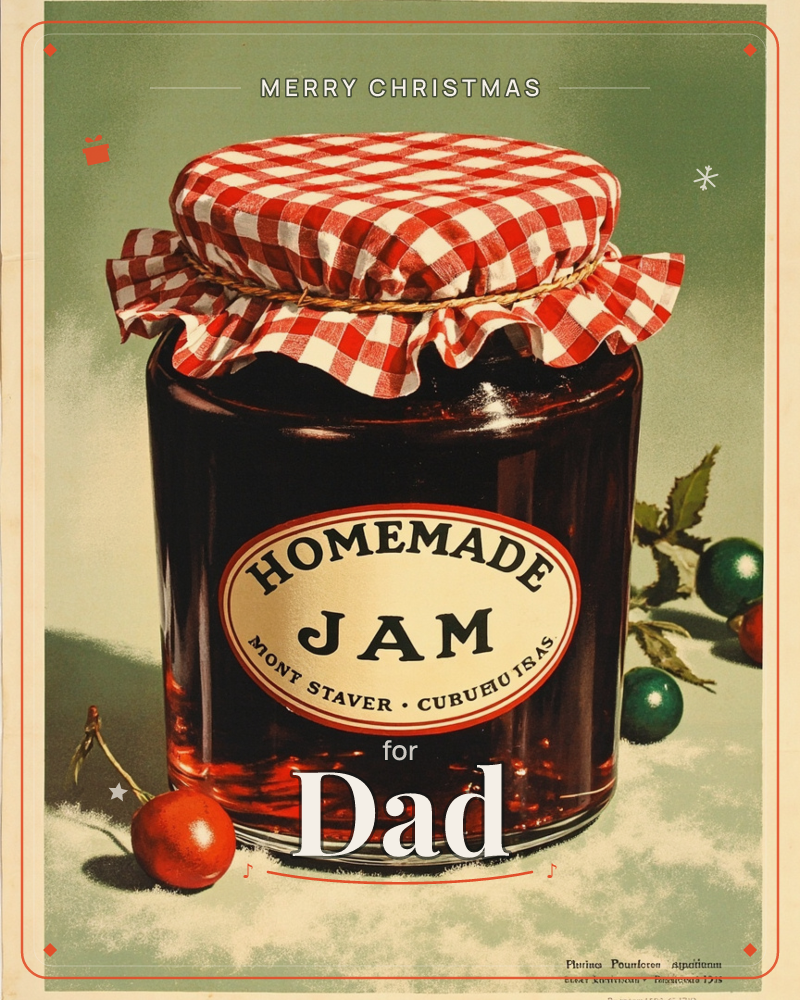 A glass jar of dark homemade jam sits on a pale surface, its lid covered in a red-and-white gingham cloth tied with string, a christmas e-card design