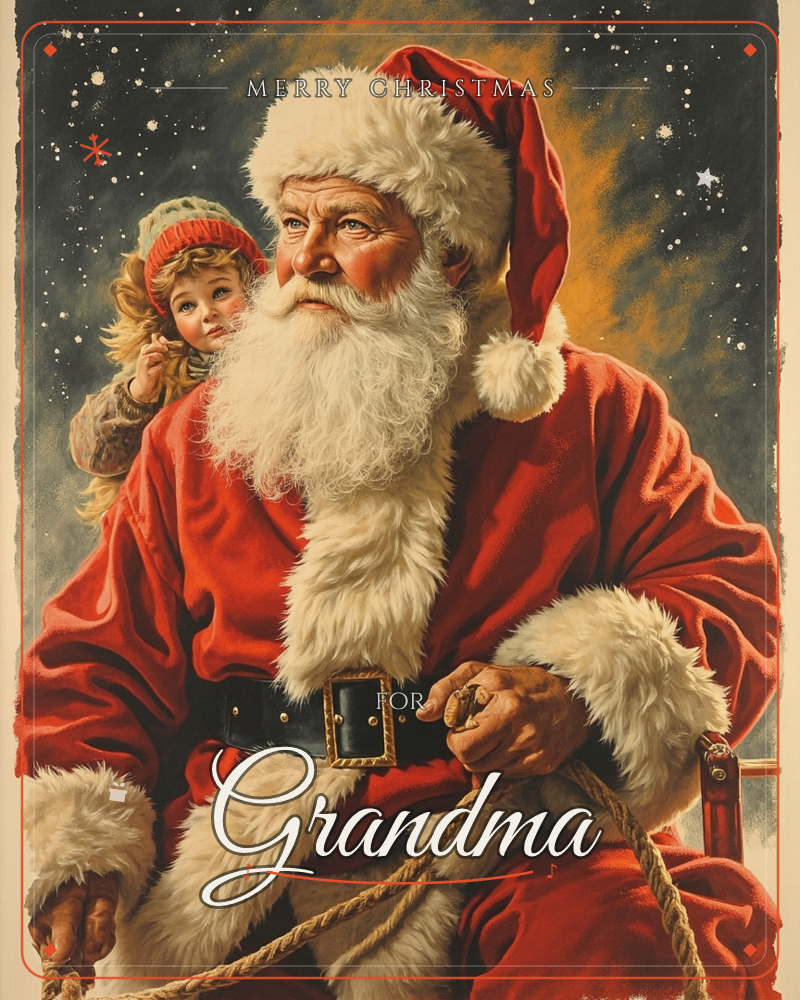 A close, painterly portrait shows a white-bearded man in a fur-trimmed red coat and cap, a child bundled in a knit hat peeking over his shoulder, both…, a christmas e-card design