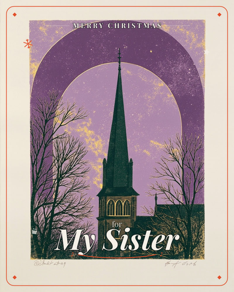 A church steeple with a glowing arched window rises against a dusky purple sky, framed by a deeper violet arch dusted with gold flecks like stars, a christmas e-card design