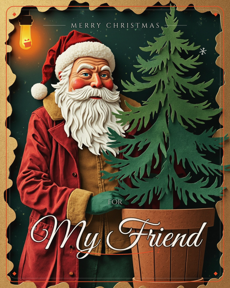 A stamp-shaped card with a scalloped gold border shows Santa Claus in a red coat and tan work jacket, standing beside a potted fir tree with one hand…, a christmas e-card design