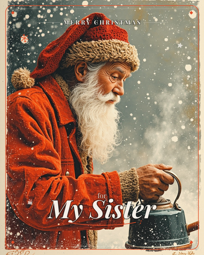 Santa stands in profile against a snowy grey sky, his knitted red cap and fur-trimmed coat dusted with falling flakes, one weathered hand gripping the…, a christmas e-card design