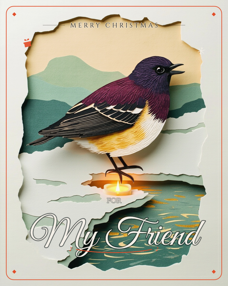 A layered paper-cut illustration shows a songbird with a plum-purple head and golden-yellow breast standing on a torn edge of paper above a glinting…, a christmas e-card design