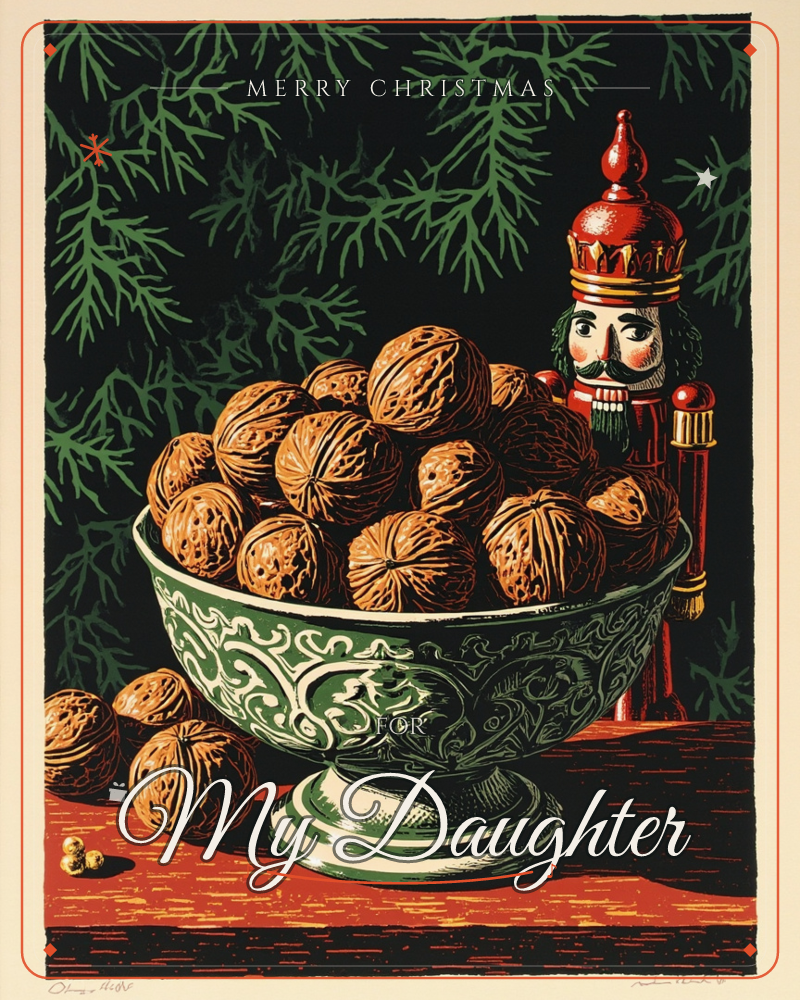 A pedestal bowl with a green and silver floral pattern overflows with walnuts, set on a red-toned table beside a red and gold nutcracker figure, a christmas e-card design