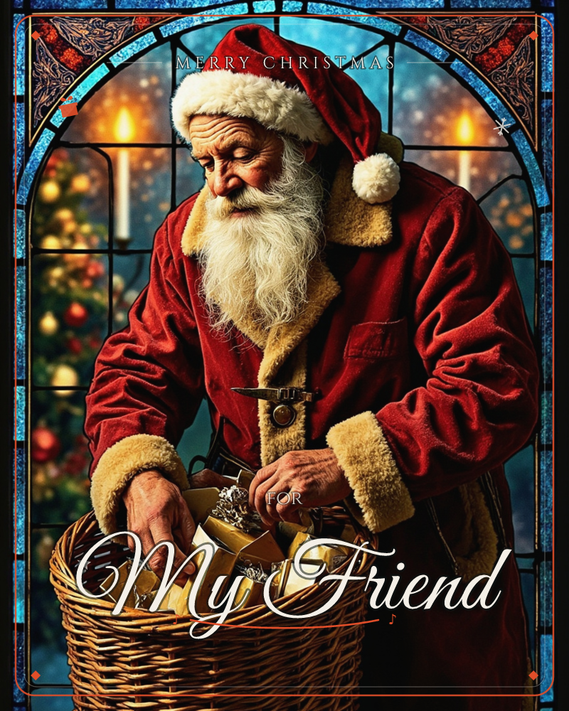 A stained-glass style border frames Santa in a plush red coat, bending over a woven basket piled with wrapped gifts, a christmas e-card design