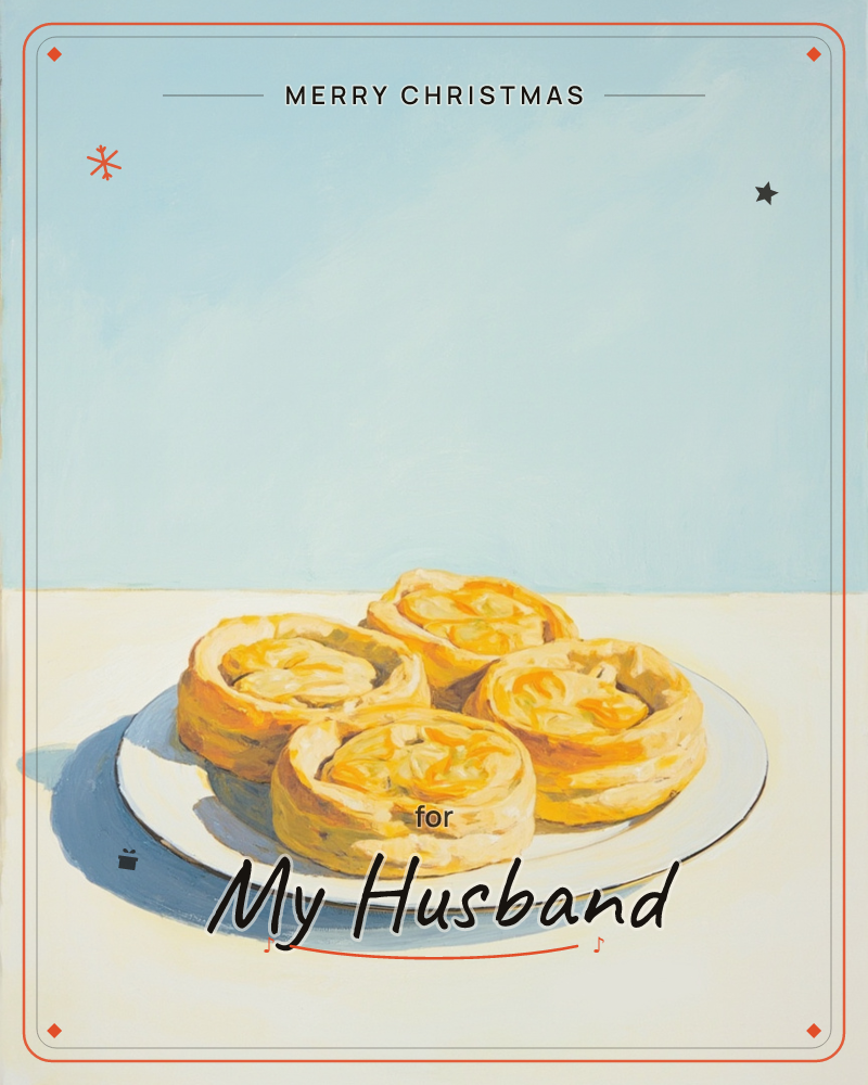 A white plate holds four golden pastry swirls, their glazed centres catching warm light against a pale cream tabletop and soft powder-blue background, a christmas e-card design