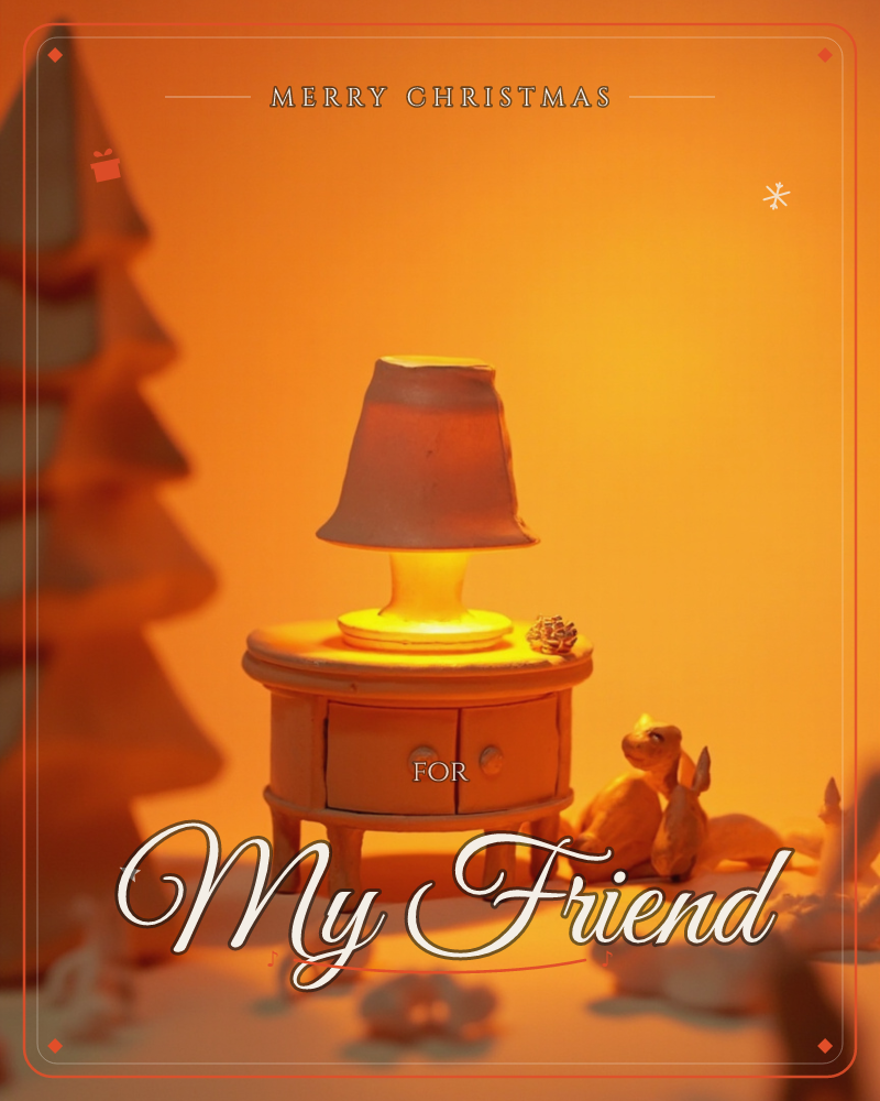 A miniature glowing lamp sits atop a small paper-craft nightstand, bathed in warm amber light against a softly blurred forest of paper trees, a christmas e-card design