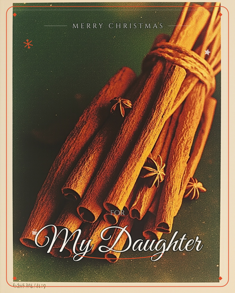 A close-up bundle of cinnamon sticks tied together with twine, scattered with a few star anise pods, set against a deep green background, a christmas e-card design