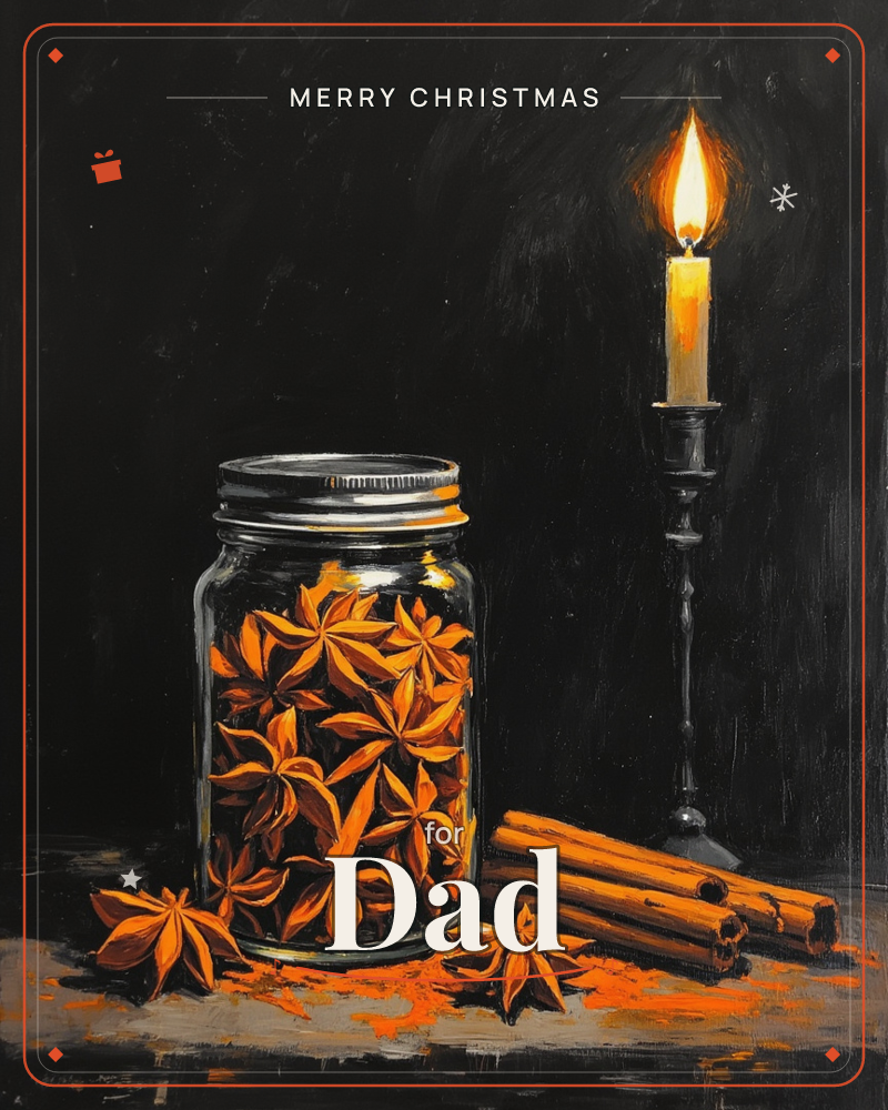A glass jar packed with star anise sits on a dark tabletop beside scattered pods, cinnamon sticks, and a dusting of orange spice, while a single candle…, a christmas e-card design