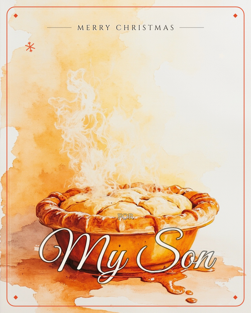 A freshly baked pie sits in a golden dish, its lattice crust glistening with syrupy drips that pool onto the surface below, a christmas e-card design