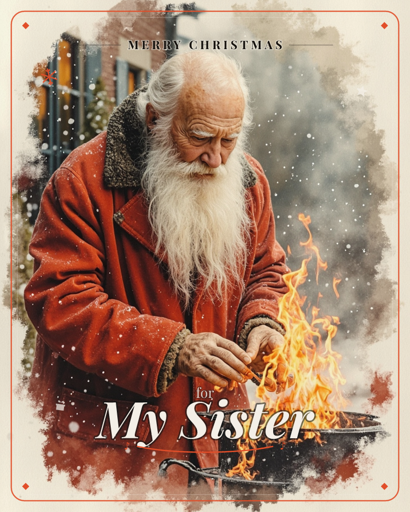 An older man with a long white beard and a red shearling-collared coat stands warming his hands over an open fire in a small outdoor brazier, snow…, a christmas e-card design