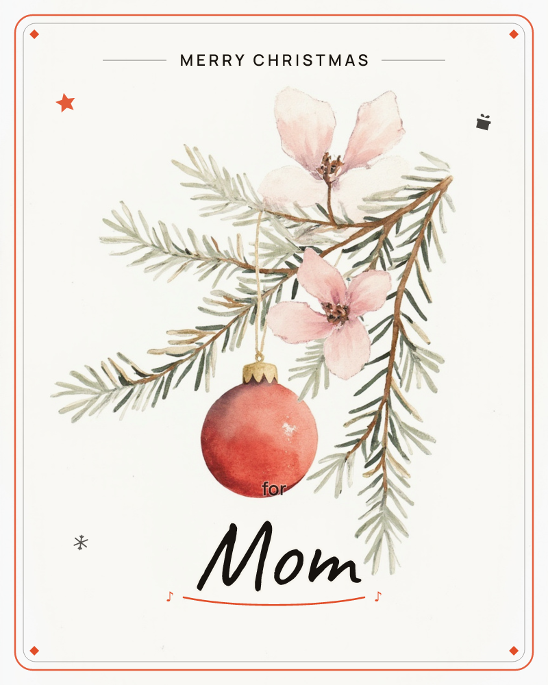 A sprig of soft pine needles curves across a plain white background, hung with a single round red ornament on a thin gold cord, a christmas e-card design