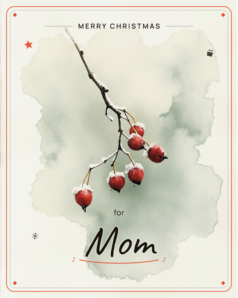 A single bare twig arcs across the page, hung with five glossy red berries capped in fresh snow, a christmas e-card design